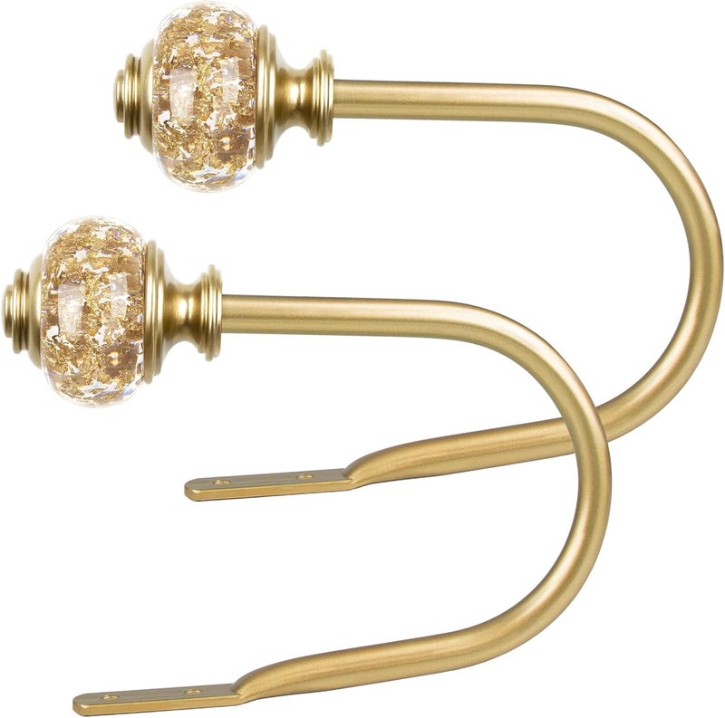 USFOOK 2 Pack Gold Curtain Holdbacks, Decorative Drapery Tiebacks (2 Pack/1 Pair), Curtain Tie Back Hooks for Wall with Translucent Finials (6.1" L x 4.1" W) - Image 1
